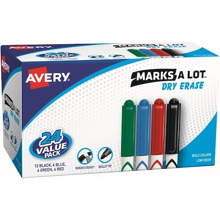 Avery Dry-Erase Markers, Bullet Tip, Value Pack, 24/BX, AST PK AVE29860